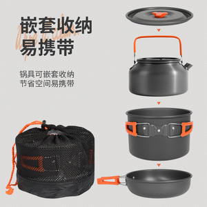 Juego de utensilios de cocina portátiles para exteriores Ds512, hervidor de aleación de aluminio, sartén antiadherente, ligero, compacto, accesorio para estufa de camping - Product Image 1