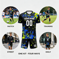 Ensemble de maillots de football personnalisés noir, bleu et jaune, fabrication directe d'usine OEM ODM pour équipe de football