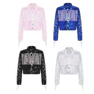 Girls Kids <b>Sequin</b> Western Fringe <b>Cropped</b> Jacket Long Sleeve Cowgirl Rodeo Line Dance Country <b>Tops</b> Festival Stage Custom - Product Image 1
