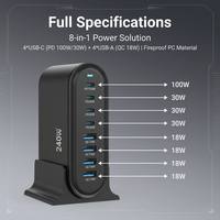 Estación de Carga de Escritorio GaN³ de 240W con 8 Puertos, Cargador Desmontable USB-C PD USB-A QC PD100W, Hub de Energía para Juegos, Laptop, Teléfono, Tableta