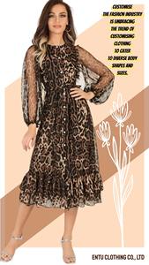 فستان نسائي طويل أنيق طويل طويل بطبعة الفهد بنقشة فهد هيملين كم فانوس ربطة خصر شيفون للحفلات اليومية - Product Image 2