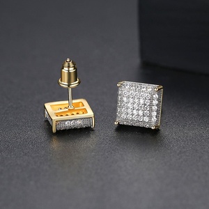 Two-Tone Gold Plated Brass Stud Earrings with <b>Copper</b> Micro-Inlaid Zircon Trendy Square Women's <b>Jewelry</b> - Product Image 4