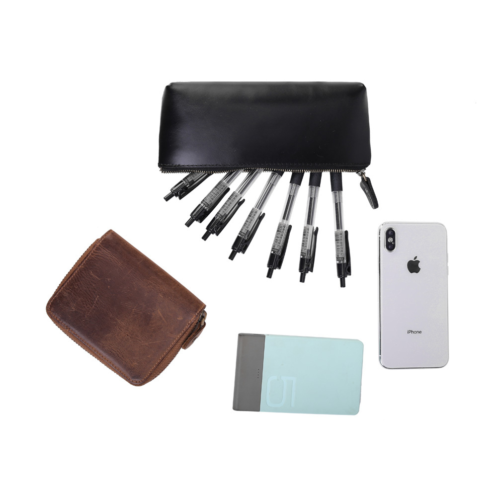 Personnalisé Résistant À L'eau Hommes Femmes Vrai Cuir De Vache Noir En Vrac Voyage Lavage Sac Cosmétique Maquillage Sac