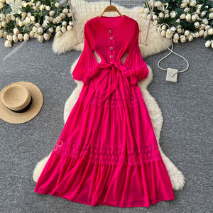 Abito <span class=keywords><strong>Giallo</strong></span> in Pizzo Traforato Ricamato da Donna a <span class=keywords><strong>Maniche</strong></span> <span class=keywords><strong>Lunghe</strong></span> a Vita Alta con Taglio ad A - Product Image 5