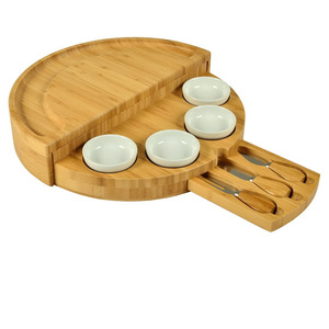 Bamboo <b>Cheese</b> Board <b>Set</b> Round Rotatable With <b>Knives</b> Cutting Board For Serving And Entertaining - Product Image 4