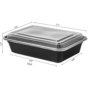 Boîte à lunch rectangulaire noire jetable en plastique, compatible micro-ondes, écologique, avec couvercle, 24 oz, sans BPA, pour préparation de repas et plats à emporter - Product Image 1