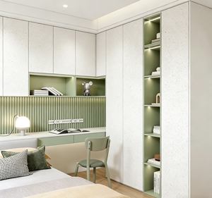 Armoire de chambre à coucher minimaliste haut de gamme - Vert sauge et blanc, panneau côtelé et lumières LED, bureau intégré pour une utilisation multiple - Product Image 5