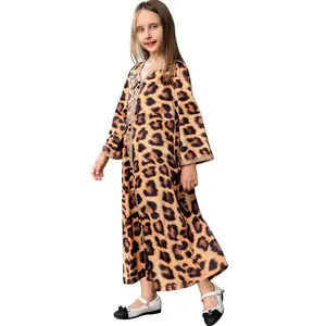 New Arrivals Leopard Print Muslim Children Abaya Eid al-Fitr Trendy Dress Arab Long Sleeve Long Robe For Children