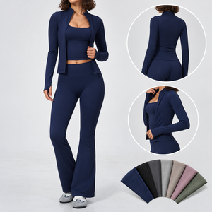 Athleisure Nahtloses 3-Teiliges Activewear-Set: Kurze Laufjacke mit Reißverschluss, Top mit Quadratischem Ausschnitt und Ausgestellte Bootcut-Hose - Product Image 1