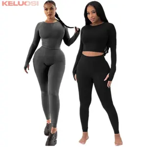 Black Gray Solid Color Stretchy Joggers Outfits For Women High Waist Pans Two Piece Set Ladies Skinny Fitness Wear