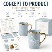 Mug à café en céramique bleu pâle de qualité supérieure avec anse à bord doré, motif Nuit du désert, palmier, lune, personnalisable OEM ODM, cadeau, vente en gros