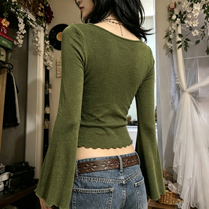 Butterfly Embroidery <b>V</b> <b>Neck</b> Knit Top, Long Sleeve <b>Women's</b> <b>T</b> <b>Shirt</b> with Side Slits, Y2K Retro Casual Streetwear Fashion - Product Image 2