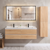 Meuble-lavabo de salle de bain de style ferme moderne pour hôpital, avec miroir LED, double vasque, meuble-lavabo suspendu en marbre, écologique