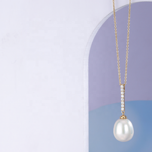 Barra de oro macizo de 9Kt/10Kt/14Kt/18Kt extrema con colgante de perla única, Perla Natural para mujer, joyería fina - Product Image 2