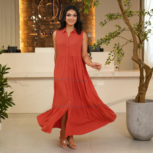 Vestido Maxi Casual de Gasa Naranja Vibrante de Alta Calidad con Bordado y Volantes para Mujer - Product Image 5