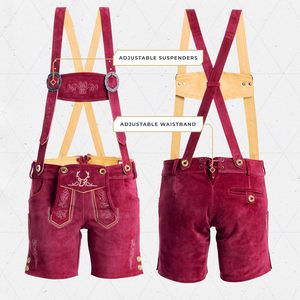 Lederhosen bavaroises sur mesure pour femmes, rouge cerise, design allemand authentique, shorts au-dessus du genou avec bretelles, costume d'Oktoberfest - Product Image 2
