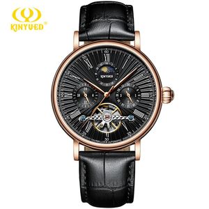 Montres classiques pour hommes <span class=keywords><strong>KINYUED</strong></span>, montres mécaniques automatiques rétro, étanches, tourbillon, horloge, cuir véritable, montres à phases lunaires - Product Image 4