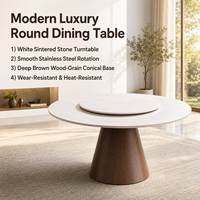 Table à manger moderne rotative en bois de luxe, écologique, avec plateau en pierre ultra-cristalline blanche et base en acier inoxydable, style rétro pour appartement et hôtel