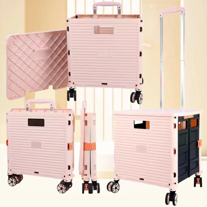 Mini carrito de compras portátil de plástico plegable con almacenamiento AV rosa para compras con cuatro ruedas