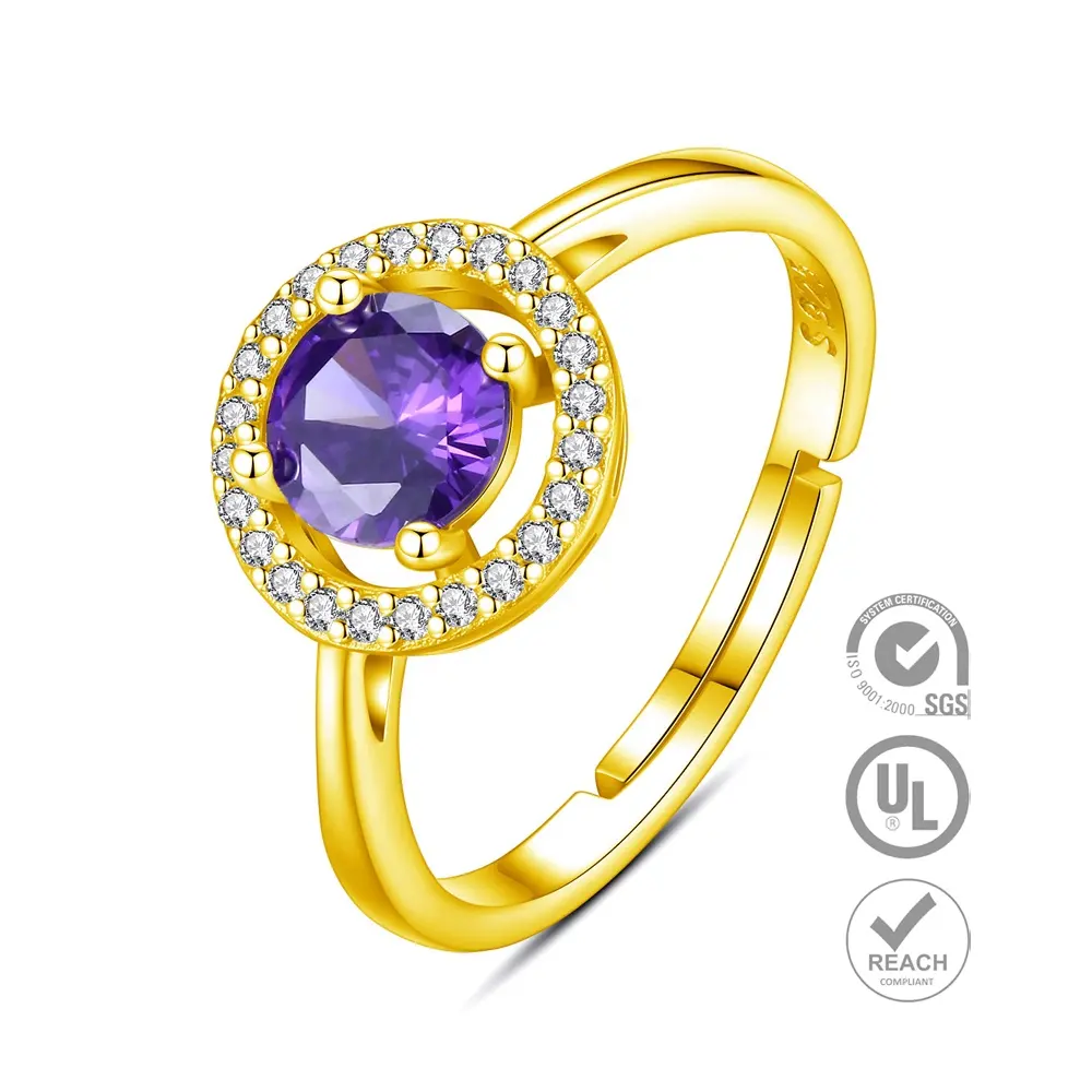 Moda Jóias Dainty Luxo Roxo Birthstone Cubic Zircon 925 Sterling Silver 18K Banhado A Ouro Tamanho Ajustável Anéis para As Mulheres