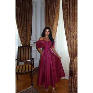 Robe de soirée mi-longue rouge cerise en crochet, coupe trapèze, manches courtes, décoration florale, du XS au XL, collection hiver, taille ODM - Product Image 1