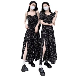 Black Floral Print Dress Women 2025 Summer French Style Puff Sleeve Elastic Waist Long Princess Dress With Slit Daily Wear - Product Image 5