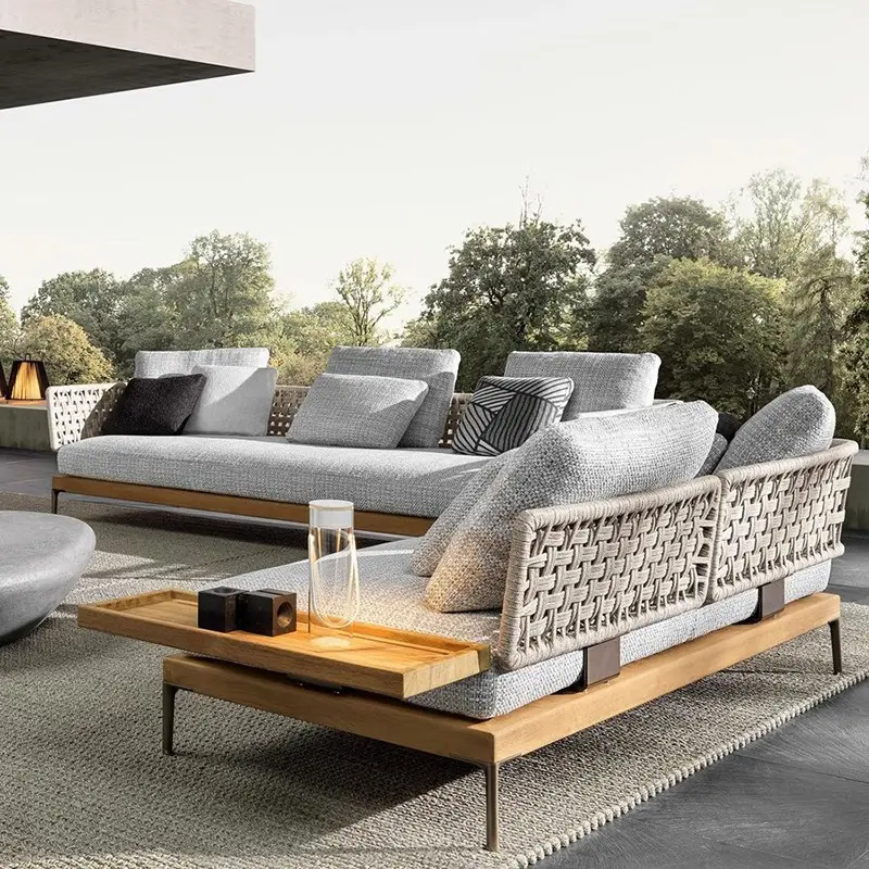 Hoogwaardig Hotel Modern Aluminium Basis Teak Houten Meubels Tuin Patio Sofa Set Met Eenvoudige Salontafel
