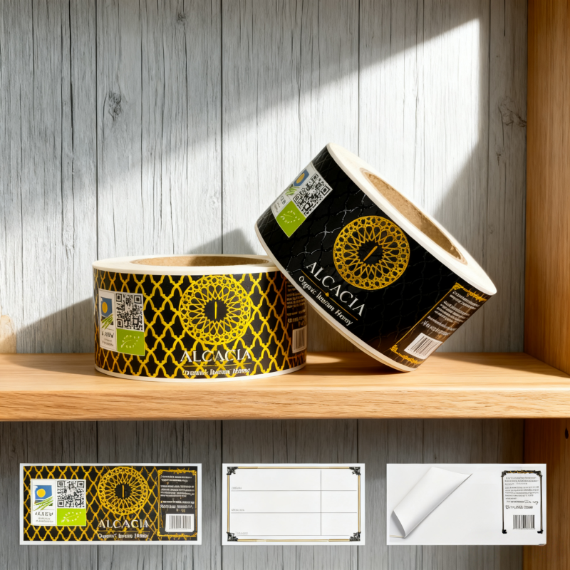 Waterproof Food Stickers with Gold Foil UV Printing Custom Decorative Labels for Food Products Durable Branding Focused Design