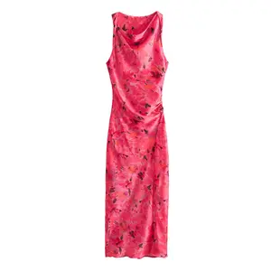 ZA vestido de cetim de seda estilo férias sem mangas estampado 2024 vestido colete floral simples para viagens versátil