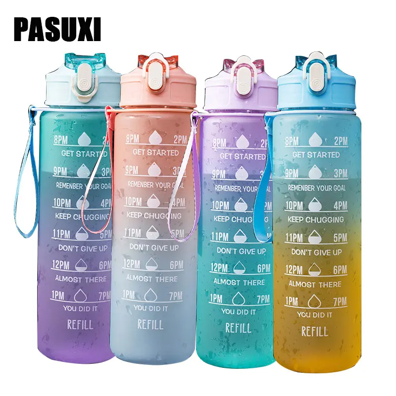 PASUXI allenamento Sport Logo personalizzato filtro di paglia isolato Tritan bottiglie di acqua motivazionali in plastica con indicatore di tempo