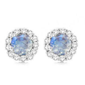 Pendientes de Plata 925 con Piedra Lunar Redonda y Halo de Circonitas Facetadas para Niñas - Accesorios para Bodas/Fiestas - Product Image 1