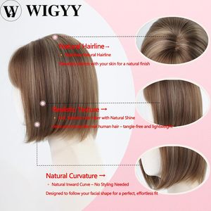 Peluca Corta <span class=keywords><strong>Bob</strong></span> Color Miel con Flequillo Blanco de 12 Pulgadas, Lisa, Sintética, sin Pegamento, Resistente al Calor, Ligera, de Fibra de Proteína, Realista - Product Image 4