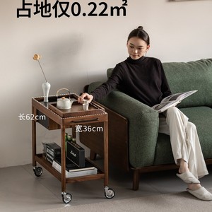 Walnut Wood Movable Double Layer Coffee <b>Table</b> Storage Cart Living Room <b>Side</b> <b>Table</b> With Wheels - Product Image 4