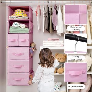 Organisateur de placard suspendu 6 étagères 5 tiroirs avec poches latérales pour le rangement des vêtements, utilisation en chambre, tissu non tissé - Product Image 5