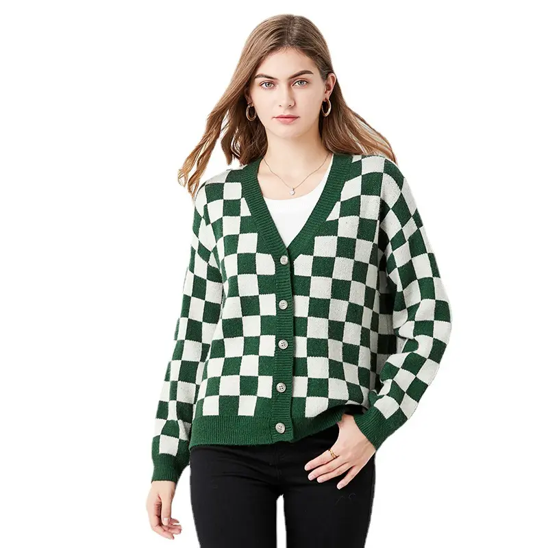 RTS Spring Autumn Knitted Cardigan Coat Sweater Women's Spring Checkerboard Plaid Coat