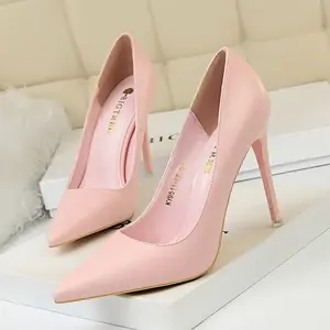 9511-17 Trendy Simple Stiletto Ladies Heel Shoes Splicing Pointy With Shallow Tops Office Ladies Thin High Heels Shoes For Women