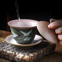 Service à thé Kung Fu en céramique Japandi Vintage bol à trois talents couvercle en forme de grue émaillée créatif ménage café thé brassage Ware