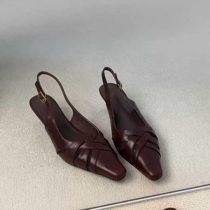 Sandales à talons pointus pour femmes en cuir véritable, talon fin et bas, bride arrière, chaussures élégantes pour le bureau et le travail - Product Image 4