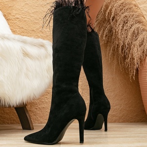 Bottes longues pour femmes en daim à bout pointu avec fermeture éclair latérale, talon aiguille, couleur unie, mode automne, hauteur genou - Product Image 4