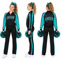 Conjunto de entrenamiento de porristas en negro y verde azulado: Chaqueta de porristas con pedrería personalizada y pantalones rectos para calentamiento y práctica.
