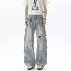 Pantalon long homme taille haute en denim fin, coupe large, style rétro déchiré, pour le streetwear américain - Product Image 5