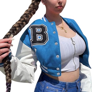 Varsity Jaket Biru Patchwork Letterman Crop Baseball Jaket Kancing Bawah Bomber Mantel Wanita Cropped Varsity Jaket - Product Image 4