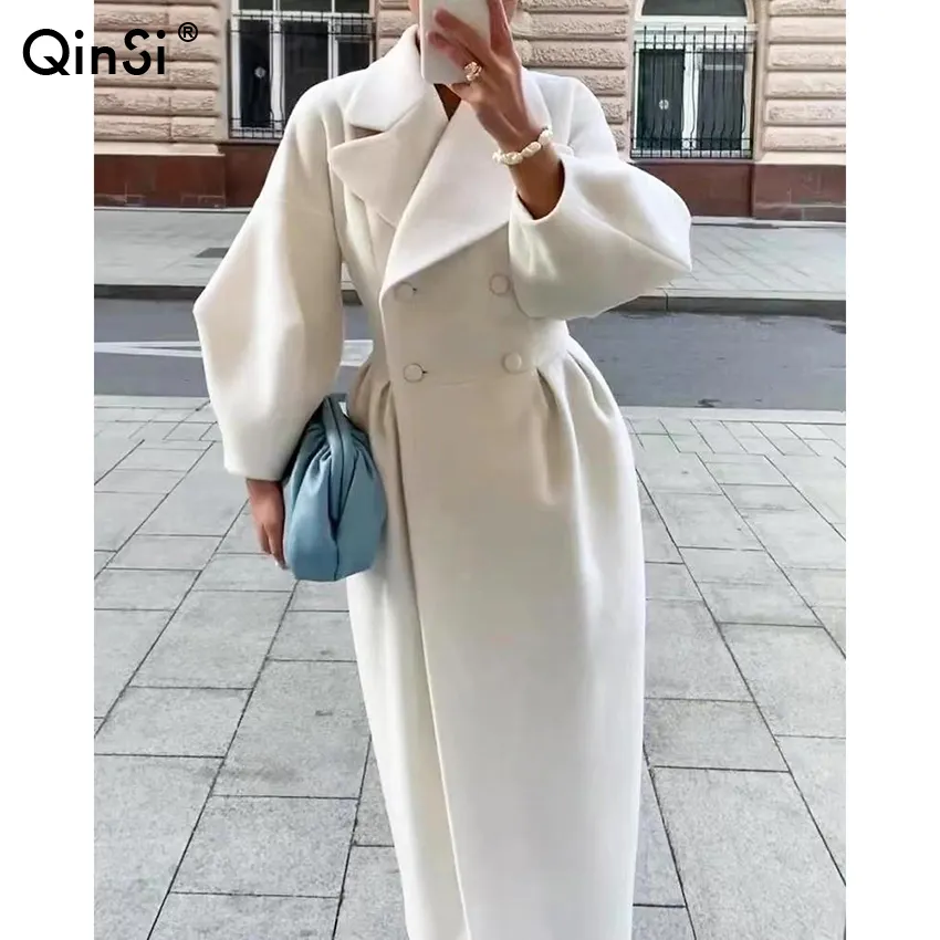 Bclout/QINSI Windbreaker Thick Streetwear Female Coats Lapel Office Lady Long Jackets Autumn Lantern Sleeve Women Woolen Coat