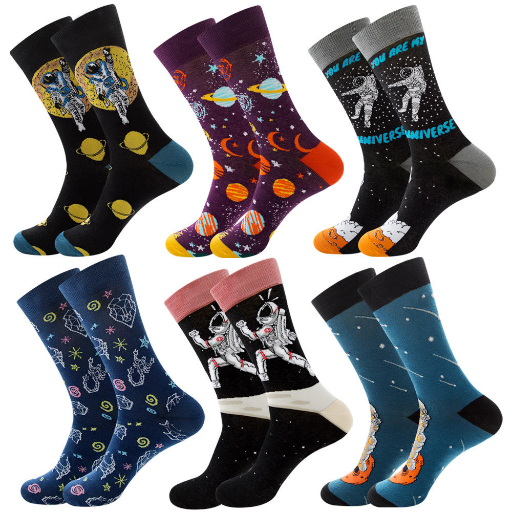 Cotton Jacquard Rainbow Moon Constellation Astronaut Patterned Calf High Long Crew Floral Fashion Socks for Men Women Wholesale