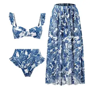 2023 New design swimwear beachwear ruffled high waist bikini set with cover up swim suits women
