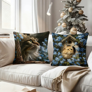 Bantal hias liburan yang nyaman dengan motif kucing lucu di bunga-bunga biru menghiasi sofa ruang tamu, dekorasi Natal yang meriah. - Product Image 4