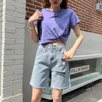 Celana Pendek Denim Wanita Sobek Desain Korea 2022 Celana Pendek Rumbai Pinggang Tinggi Celana Pendek Wanita Kaki Lebar Celana Pendek untuk Musim Panas
