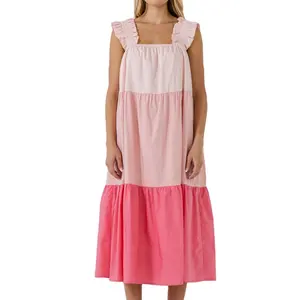 Vestidos de algodão midi casual de verão para mulheres com bloco de cores com alças babados de gola quadrada 2024