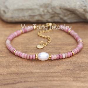 ไข่มุกน้ำจืดหินอัญมณีจักระ7ชิ้นสร้อยข้อมือประดับด้วยลูกปัดกำไลข้อมือที่เรียบง่ายทำจากสเตนเลสสตีล PVD สีทองขายส่ง - Product Image 3