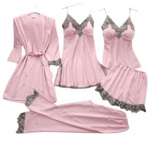 Conjunto de Lencería Sexy de Cinco Piezas de Satén para Verano, con Tirantes, Cierre Elástico en la Cintura, Largo hasta la Rodilla, Pijama para Mujer - Product Image 5